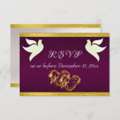 ハート、鳩とリボン – 紫/金ゴールド 出欠カード (正面/裏面)