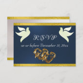 ハート、鳩とリボン – 青/金ゴールド 出欠カード (正面/裏面)