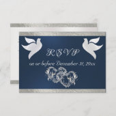 ハート、鳩とリボン – 青/銀 出欠カード (正面/裏面)