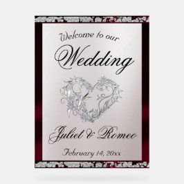 ハート、Burgundy Ribbon & Sparkle Welcome アクリルサイン