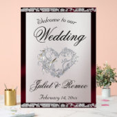 ハート、Burgundy Ribbon & Sparkle Welcome アクリルサイン (ウェディング)