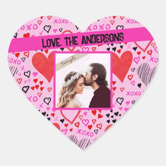 ハート, XOXO ピンク柄, 名前・写真入りカスタマイズ商品 ハートシール (正面)