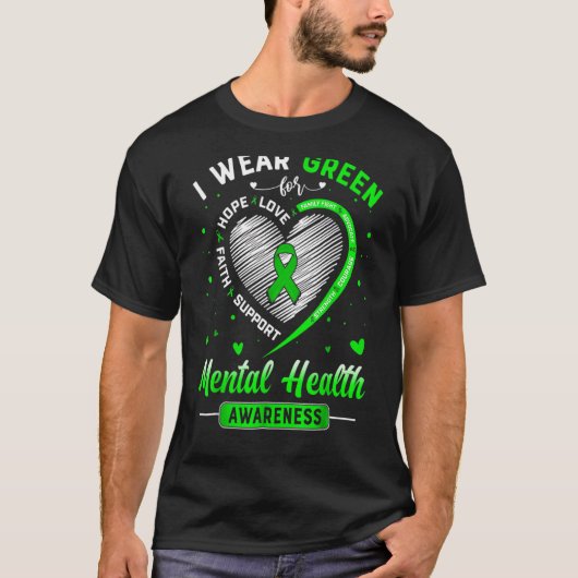 ハートI衣服グリーンメンタルヘルス認識度モン Tシャツ (正面)