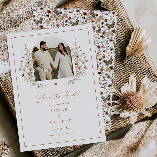 ハートWildflower Save the Date Boho Photo Card セーブザデート