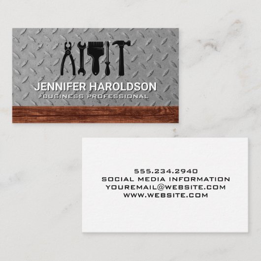 ハードウェアツール | 鋼の金属と木材 名刺 (正面/裏面)