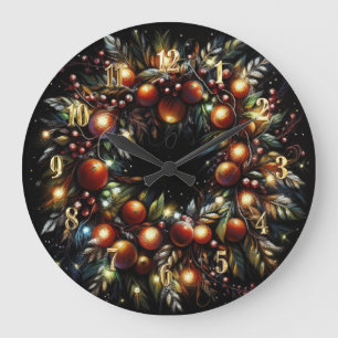 ハードパステルで描くクリスマスリースとフルーツ ラージ壁時計