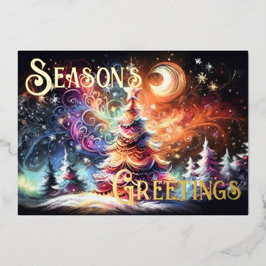 ハードパステル描画のクリスマスホリデーツリー ワンシ 箔シーズンカード (正面)