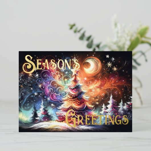 ハードパステル描画のクリスマスホリデーツリー ワンシ 箔シーズンカード (立ち正面)