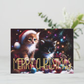 ハードパステル画 クリスマスの子猫2匹 カード (スタンド正面)