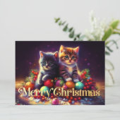 ハードパステル画 クリスマス 2匹の子猫のオーナメント カード (スタンド正面)