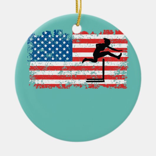 ハードラー女性ガール女性米国国旗のハードル セラミックオーナメント (正面)