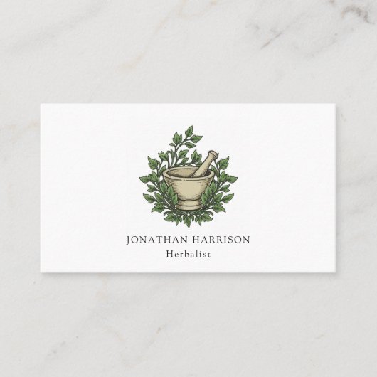 ハーバリスト図解入りの、写真付きのモルタルペスルハーブ 名刺 (正面)