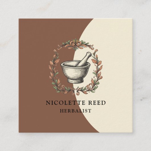 ハーバリスト図解入りの、写真付きのモルタルペッスルリーフつる植物 スクエア名刺 (正面)