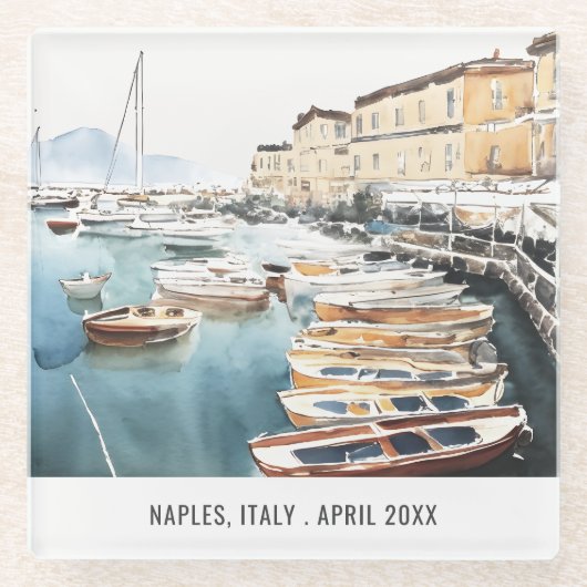 ハーバーサンタルシアナポリItaly水彩旅行 ガラスコースター (正面)