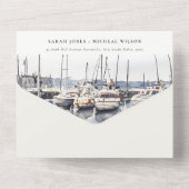 ハーバーシースケープズボートでミュートされた結婚沿岸のボート オールインワン招待状 (裏面)