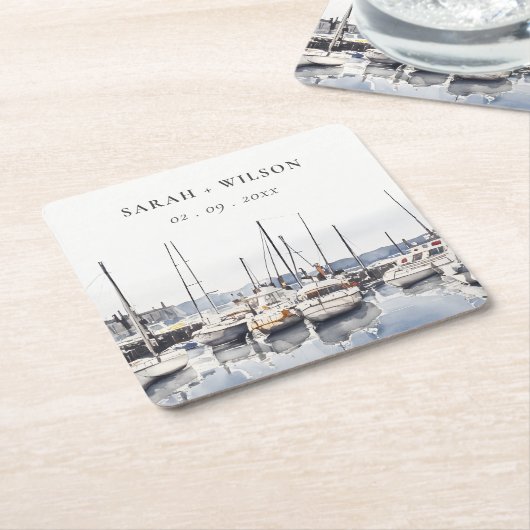 ハーバーシースケープズボートでミュートされた結婚沿岸のボート スクエアペーパーコースター (アングル)