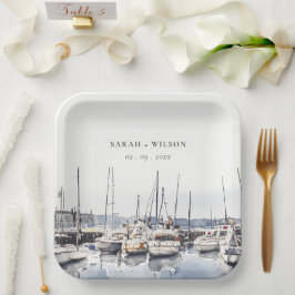 ハーバーシースケープズボートでミュートされた結婚沿岸のボート ペーパープレート