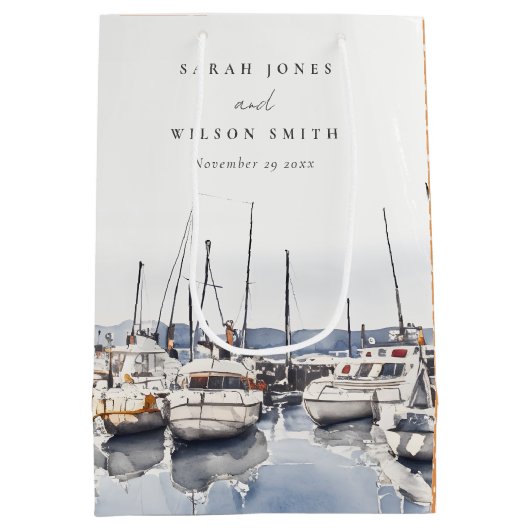 ハーバーシースケープズボートでミュートされた結婚沿岸のボート ミディアムペーパーバッグ (裏面)