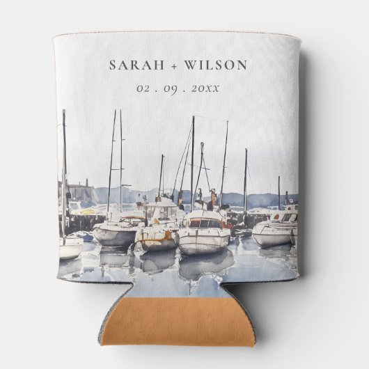 ハーバーシースケープズボートでミュートされた結婚沿岸のボート 缶クーラー (裏面)