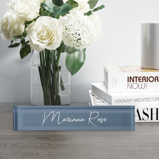 ハーバーブルーエレガント手書きスクリプト デスクネームプレート