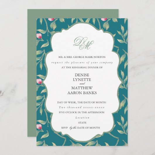 ハーバー ブルーとバジル グリーンのリハーサル ディナー 招待状 (正面/裏面)