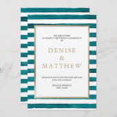 ハーバー ブルー 水彩 ストライプ & ゴールド レタリング 招待状 (正面/裏面)