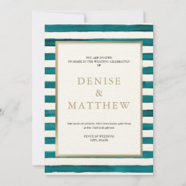 ハーバー ブルー 水彩 ストライプ & ゴールド レタリング 招待状