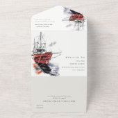 ハーバー ヨット セーリングボート 水彩 結婚式 QR コード オールインワン招待状 (外側)