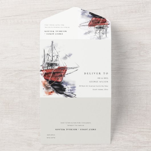 ハーバー ヨット セーリングボート 水彩 結婚式 QR コード オールインワン招待状 (外側)