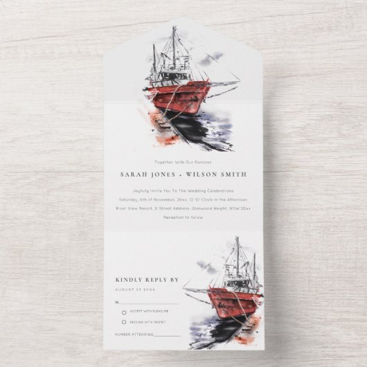 ハーバ素朴ーヨットセーリングボートウォーター結婚カラー オールインワン招待状 (内側)