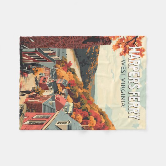 ハーパーズフェリーウェストバージニアトラベルアートヴィンテージ フリースブランケット (正面(横))