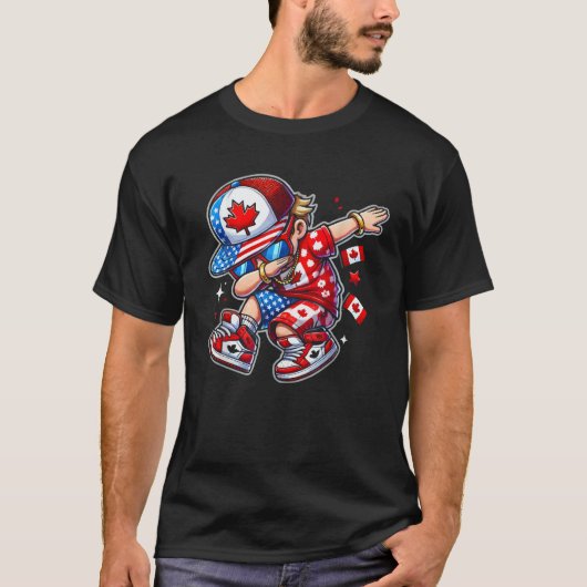 ハーフアメリカン・ハーフ・カナダ米国国旗カナダ・アメリカ Tシャツ (正面)