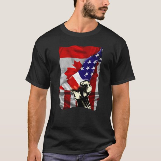 ハーフアメリカ国旗カナダのルーツ米国国旗カナダ Tシャツ (正面)