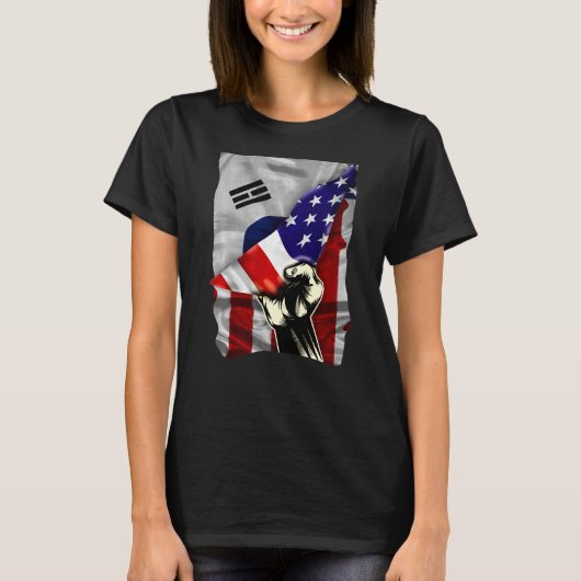 ハーフアメリカ国旗Korean ROOTS USA国旗South Kor Tシャツ (正面)