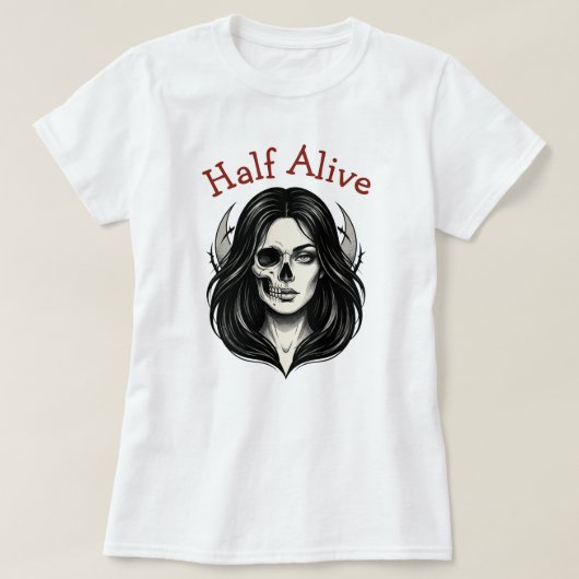 ハーフアライブ ゴシック スカル 女性 Tシャツ (デザイン正面)