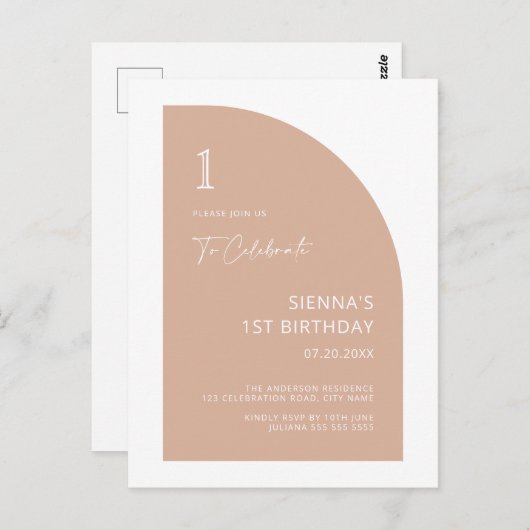 ハーフアーモダンチ赤面ピンクガール1stバースデーインビ ポストカード (正面/裏面)