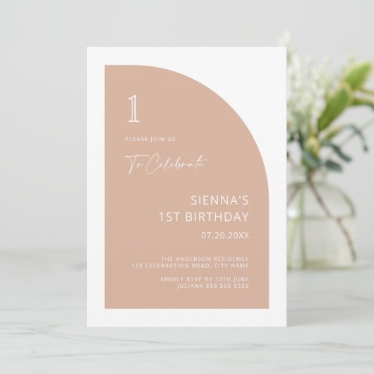 ハーフアーモダンチ赤面ピンクガール1st誕生日 招待状 (スタンド正面)