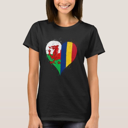 ハーフウェールズ半ルーマニアAウェールズHのルーマニア国旗 Tシャツ (正面)