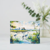 ハーフェルラントの川沿いの水彩画風の鶴 ポストカード (スタンド正面)