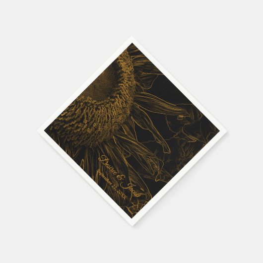 ハーフエレガントヒマワリ金ゴールドブラックフローラアート スタンダードカクテルナプキン (角)