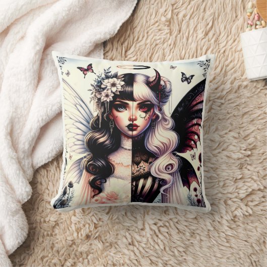 ハーフエンジェルデビルダーク美しいブレイクウィングフェアリー クッション (ブランケット)