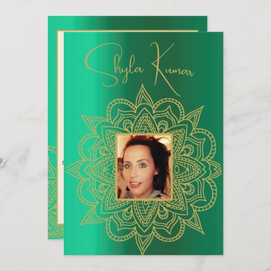 ハーフサリー式ヒンズー教インディアングリーン金ゴールド 招待状 (正面/裏面)