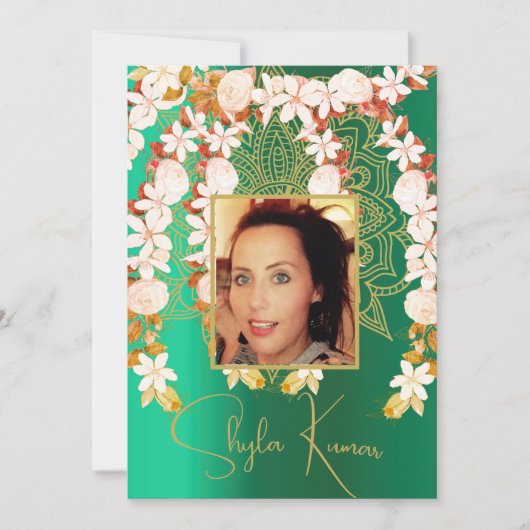 ハーフサリー式ヒンドゥー教フローラガーランドグリーン 招待状 (正面)