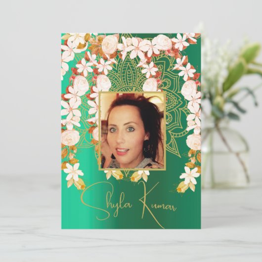 ハーフサリー式ヒンドゥー教フローラガーランドグリーン 招待状 (スタンド正面)