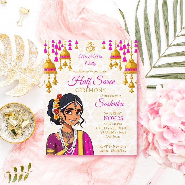ハーフサリー式予算招待状かわいいインディアン女の子 (Half saree ceremony budget invitation template cute Indian girl in a pink sari cartoon gold bells )