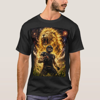 ハーフスリーブTシャツ 黒色 ライオン デザイン Tシャツ