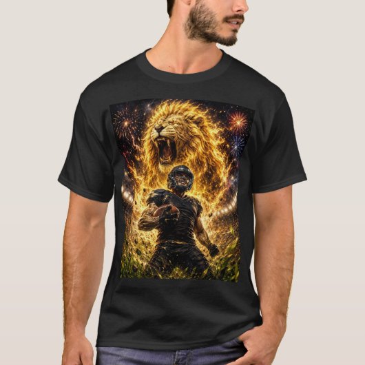 ハーフスリーブTシャツ 黒色 ライオン デザイン Tシャツ (正面)