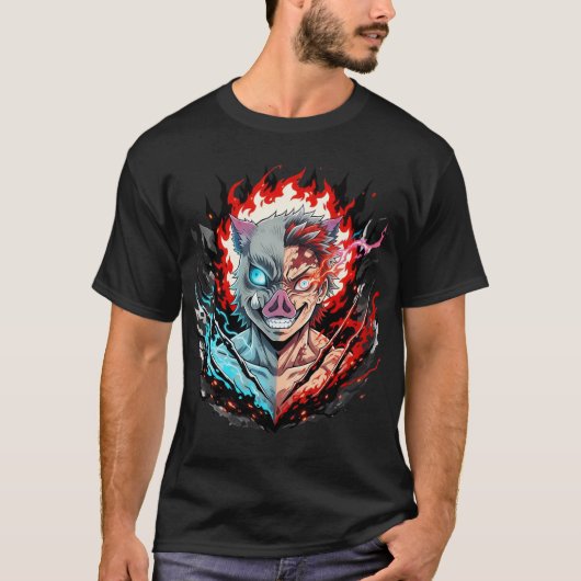 ハーフデーモン戦士マスク - ファイア＆アイスアニメスタイル Tシャツ (正面)