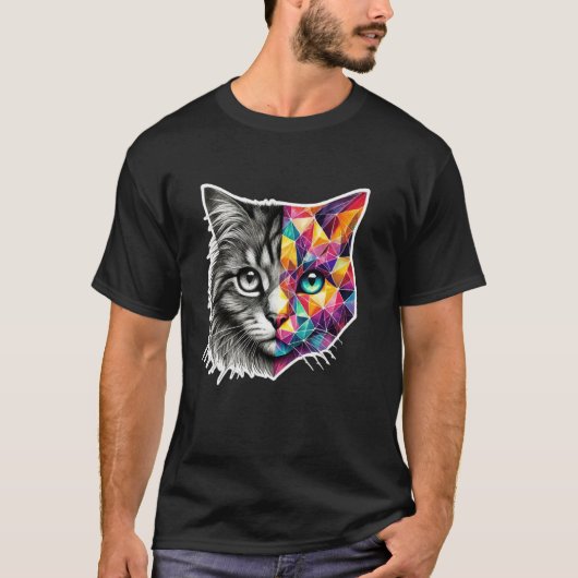 ハーフフェイス 抽象 子猫 かわいい 幾何学 ポリゴン 猫 Tシャツ (正面)