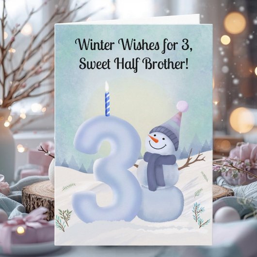 ハーフブラザー3歳の誕生日 雪だるま 雪景色 3 カード